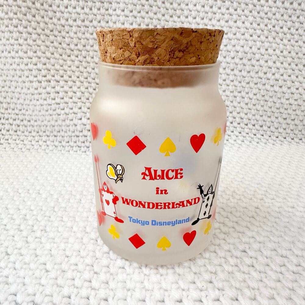 Disney Tokyo Vintage Alice in Wonderland Frosted Glass Cork Top Candy Jar Holder